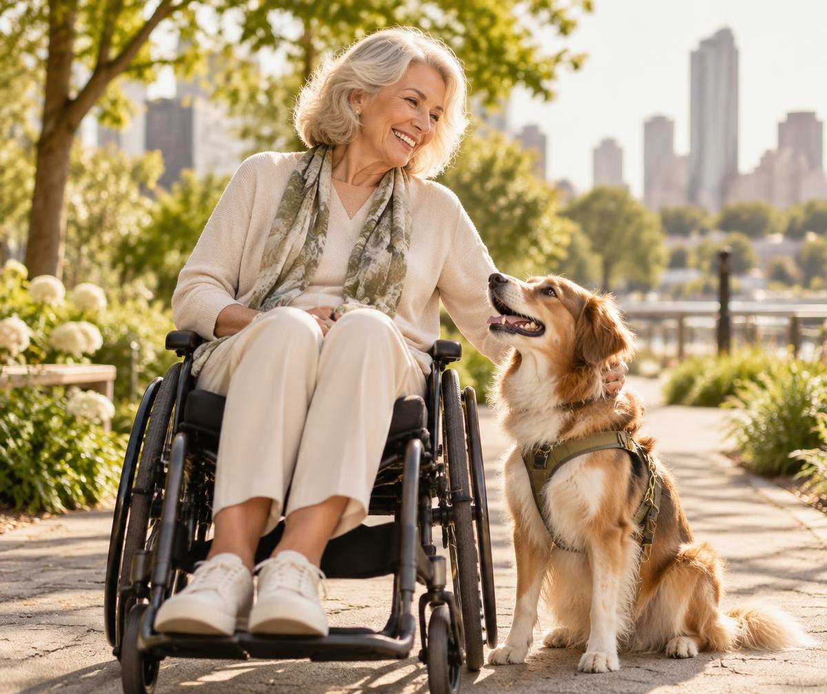 Senior dog owner enjoying time with her dog in an accessible park