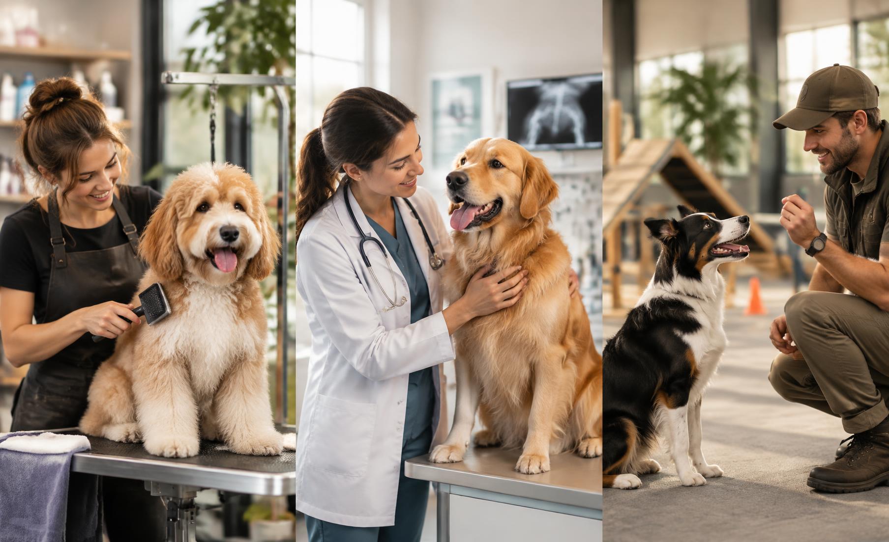 Dog groomer, veterinarian and trainer providing professional care